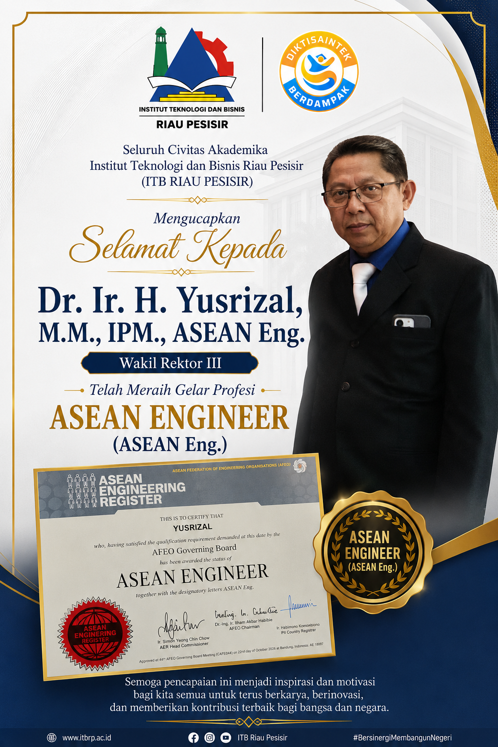 Wakil Rektor III ITB Riau Pesisir Raih Gelar ASEAN Engineer, Perkuat Reputasi Akademik di Tingkat Asia Tenggara
